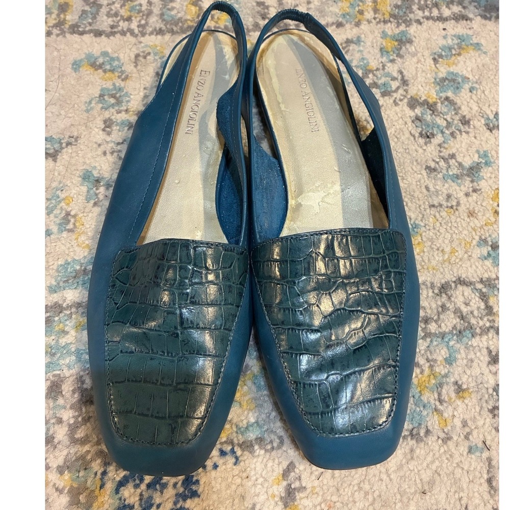 Enzo Angiolini Teal Leather Croc Embossed Square Toe Slingback Flats Women 10.5M